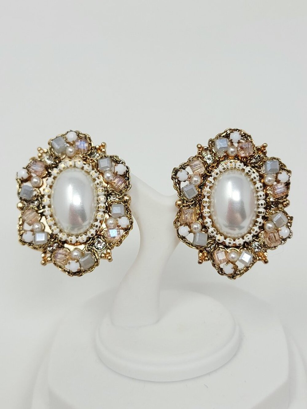 Vintage Faux Pearl Crystal Cluster Clip On Earrings